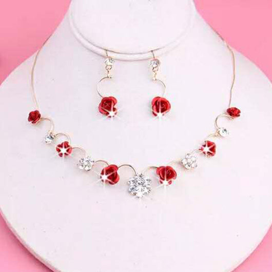 Red rose and clear crystal necklace and matching earrings set on a white jewelry bust, with a pink background. - Image 4