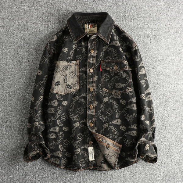Camisa Denim Retro Lujo Suave con Patrón Paisley - Manga Larga Estilo Americano - Image 4
