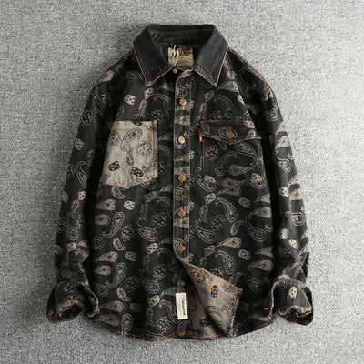 Camisa Denim Retro Lujo Suave con Patrón Paisley - Manga Larga Estilo Americano - Image 4