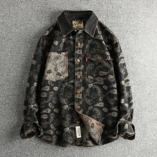 Camisa Denim Retro Lujo Suave con Patrón Paisley - Manga Larga Estilo Americano - Image 4