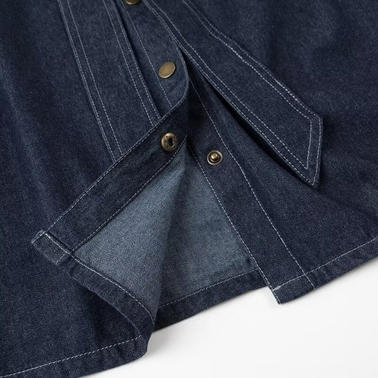 Camisa Denim Azul Oscuro Lavado - Diseño Casual con Cordones y Lazo - Image 3