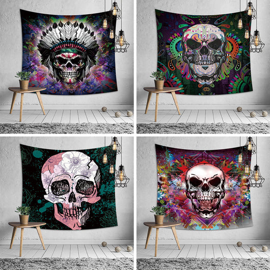 Purple and black tapestry featuring a stylized skull design with glowing orange eyes and intricate patterns, hung on a wall.
