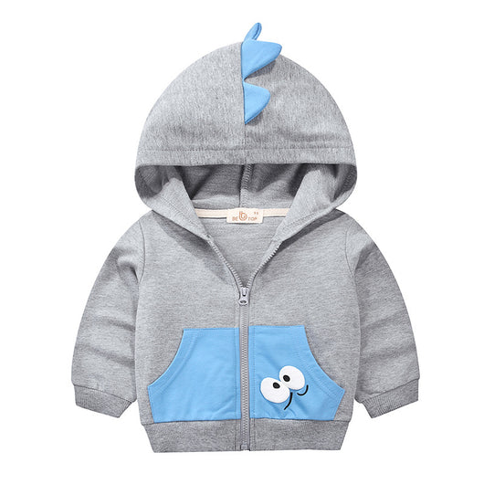 Navy blue children's hooded jacket with orange dinosaur spikes on the hood and googly eyes on the front pocket. - Image 5