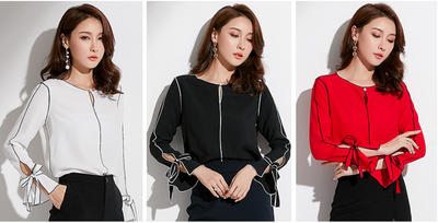 Blusa Elegante Coreana de Manga Larga con Detalles de Cuentas y Contraste de Color - Image 6