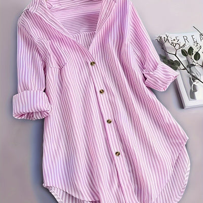 Camisa Casual Suelta a Rayas con Botones y Mangas Largas para Mujer - Image 7