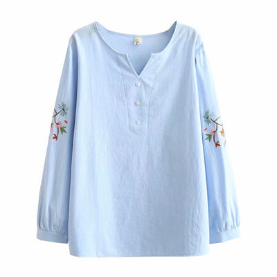 Camisa V-neck con Bordado y Botones en Manga - Image 5