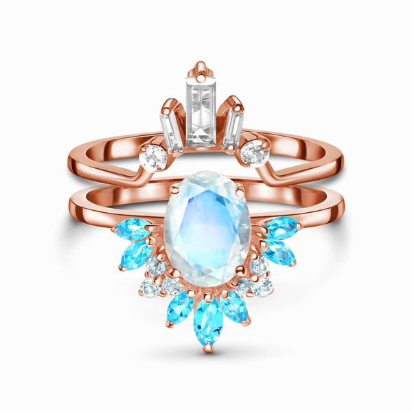 Anillo Doble Plata Esterlina con Piedra Luna y Oro Rosado