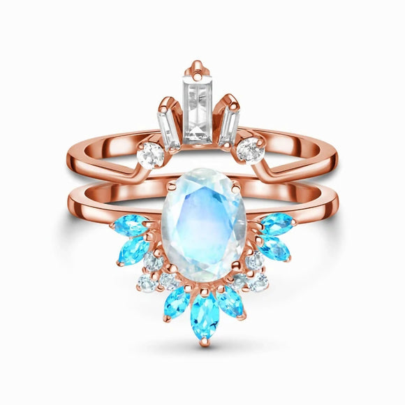 Anillo Doble Plata Esterlina con Piedra Luna y Oro Rosado