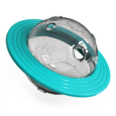 Clear dog treat dispensing ball with a yellow ring, resembling Saturn, featuring paw prints and bone designs. - Image 6