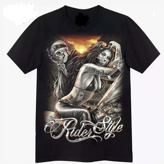Camiseta Motociclista Estampada de Manga Corta