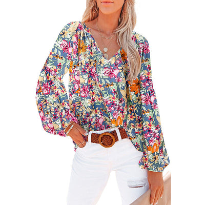 Blusa Floral de Gasa Suelta con Cuello en V - Image 10