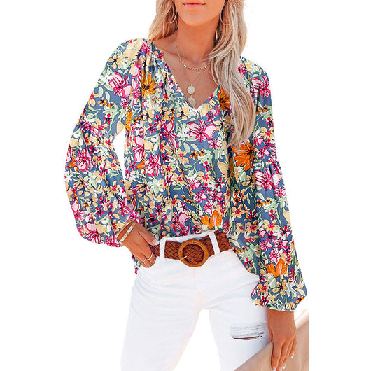 Blusa Floral de Gasa Suelta con Cuello en V - Image 10