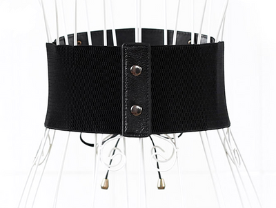 Red wide elastic belt with a faux leather lace-up front panel and bronze-tone eyelets, tied at the bottom. - Image 7