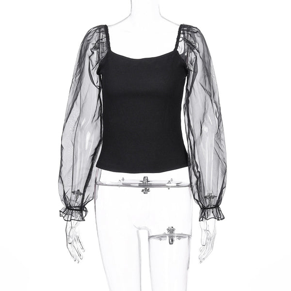 Blusa de Manga Larga con Malla Transparente y Costuras Visibles - Image 26