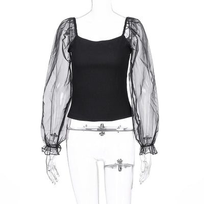 Blusa de Manga Larga con Malla Transparente y Costuras Visibles - Image 26