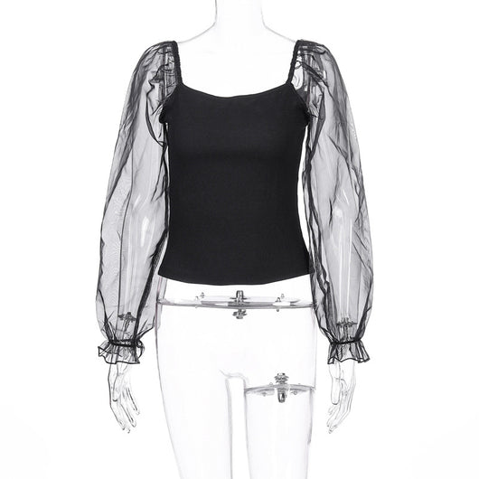 Blusa de Manga Larga con Malla Transparente y Costuras Visibles - Image 26