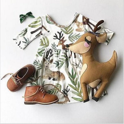 Vestido Estampado de Venado para Niña - Mangas 5/4 Colección Verano