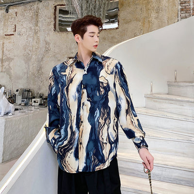 Camisa de Lujo Ligero para Hombre con Mangas Abullonadas y Estampado de Pintura China - Image 5