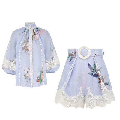 Traje Dos Piezas Mujer con Blusa de Encaje y Pantalón Ancho - Image 2