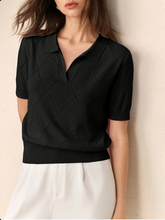 Suéter Cuello Alto Punto Diamante Manga Corta para Mujer - Image 14