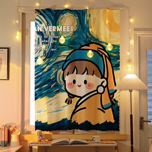 Printed Velcro cabinet curtain with a cartoon oil painting of white and yellow tulips under a light blue sky with clouds and a crescent moon.