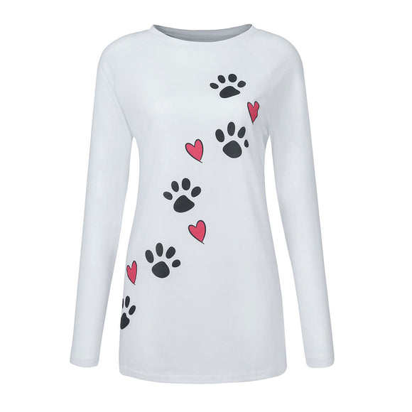 Playera Suelta con Cuello Redondo y Estampado de Patitas de Perro