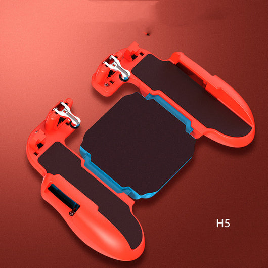 Red and blue smartphone game controller grip with integrated cooling fan and metal trigger buttons, connected to a white USB cable. - Image 17