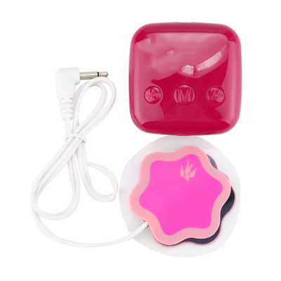 Red square TENS unit with gold bird logo, white cable, and two pink flower-shaped electrode pads for pain relief. - Image 7