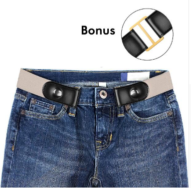 Black buckle-free elastic belt with snap closures worn on blue jeans, featuring a bonus gold-colored metal buckle. - Image 6