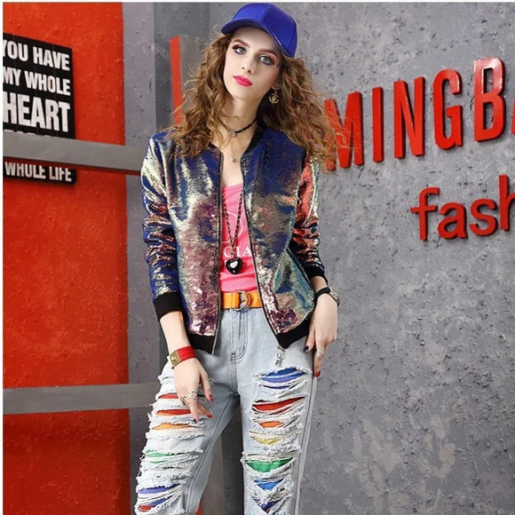 Chaqueta de Cuello Alto con Lentejuelas y Cierre - Manga Larga Tendencia