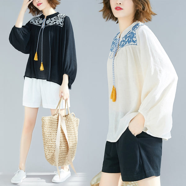 Blusa Oversized Suelta con Borlas y Bordados para Mujer