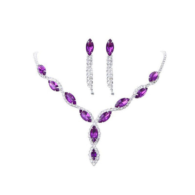 Red marquise rhinestone necklace and dangle earrings set on a silver-tone setting, perfect for bridal or formal wear. - Image 4