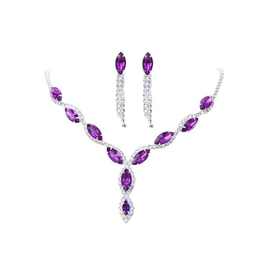 Red marquise rhinestone necklace and dangle earrings set on a silver-tone setting, perfect for bridal or formal wear. - Image 4