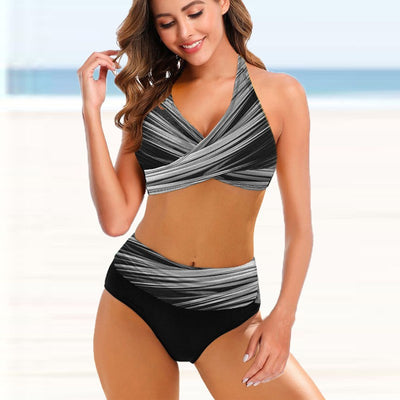 Women's black and white striped tie-dye bikini swimsuit with a halter neck top and high-waisted bottoms. - Image 3