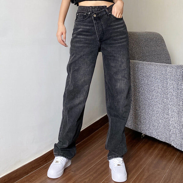 Pantalones Jeans Cintura Alta Rectos Holgados para Mujer