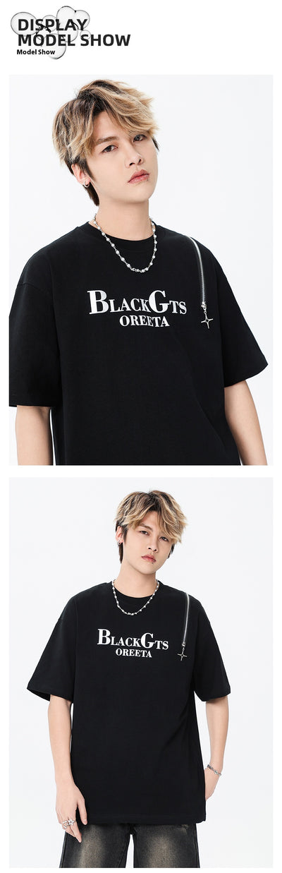 Camiseta Casual para Hombre con Cuello Redondo y Cierre, Estampado de Letras - Image 16