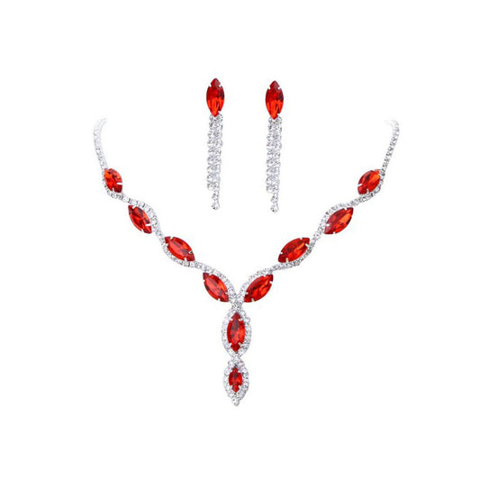 Red marquise rhinestone necklace and dangle earrings set on a silver-tone setting, perfect for bridal or formal wear.