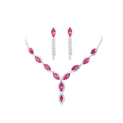 Red marquise rhinestone necklace and dangle earrings set on a silver-tone setting, perfect for bridal or formal wear. - Image 2