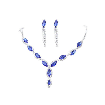 Red marquise rhinestone necklace and dangle earrings set on a silver-tone setting, perfect for bridal or formal wear. - Image 3