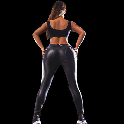 Pantalones Peach Tiro Bajo Fleece con Detalles de Cuero PU - Image 6
