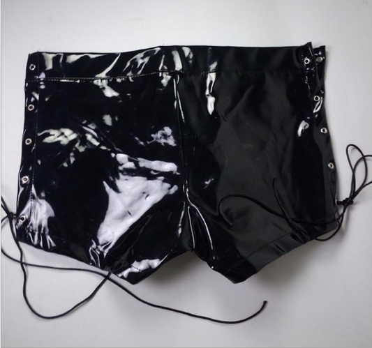 Pantalones cortos de cuero charol para hombre con cierre lateral azul - Image 2