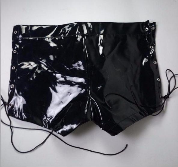 Pantalones cortos de cuero charol para hombre con cierre lateral azul