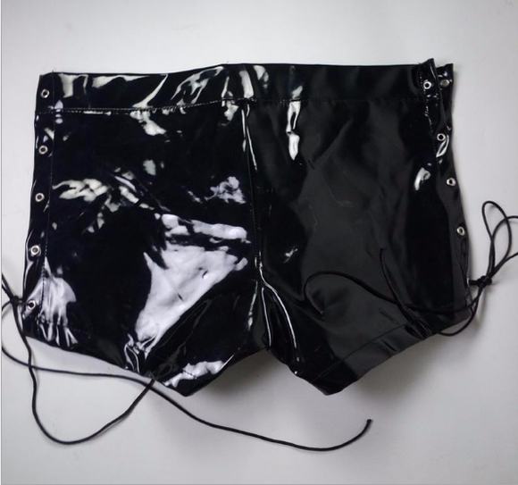 Pantalones cortos de cuero charol para hombre con cierre lateral azul