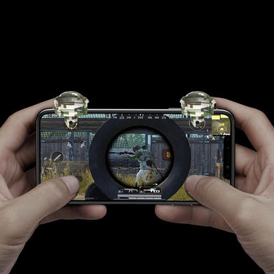 Mobile game trigger accessory with a digital camouflage pattern, designed for smartphones, shown on a white stand.