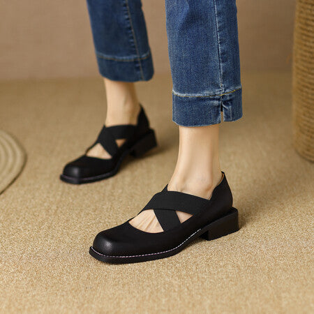 Zapatos Retro de Cuero Gamuza con Tacón Bajo y Elástico Ajustable - Image 8