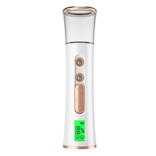 White and rose gold double-spraying nano mist sprayer with a clear reservoir, next to its product box and USB cable. - Image 6