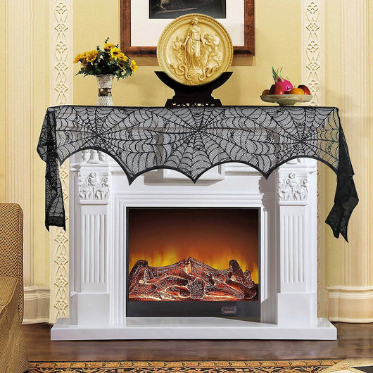 Black lace Halloween curtain with a spider web pattern and a hanging bat figure, perfect for spooky decor. - Image 10