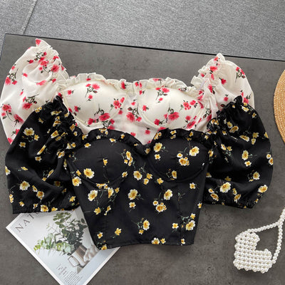 Blusa Floral Chiffon con Hombreras de Madera y Refuerzos en el Pecho