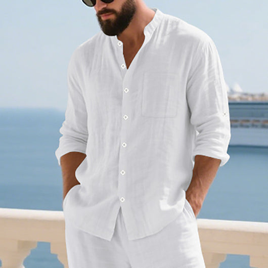 Camisa de Lino Transpirable para Hombre con Cuello Mao y Manga Larga - Image 6