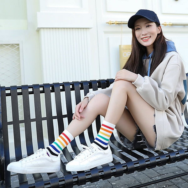 Calcetines Tubo Mujer Rayas Candy - Algodón Skate Urbano Otoño Invierno